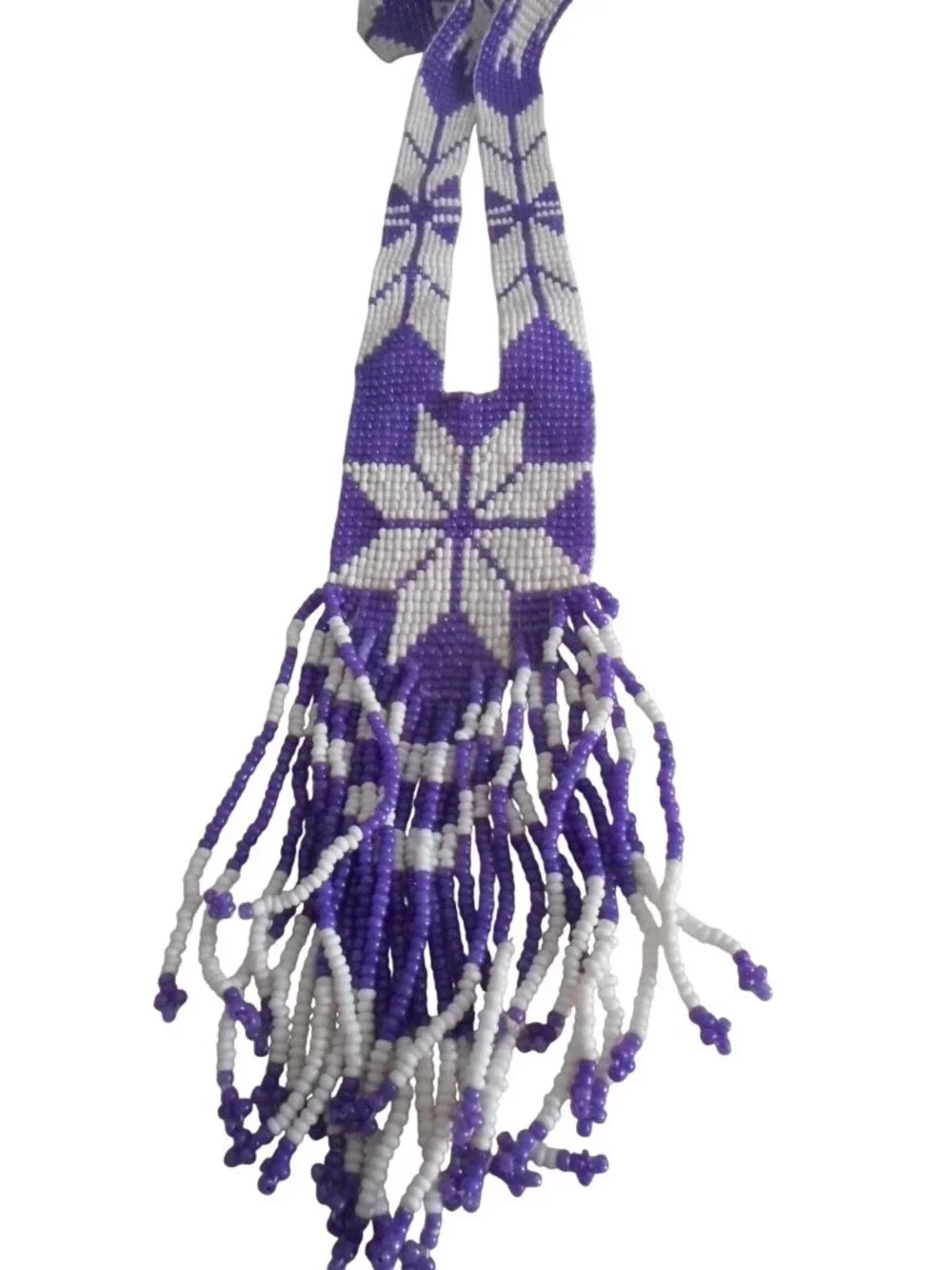 Vintage Handmade Native American Necklace Seed Bead 19" Purple white tassels - Picture 3 of 5